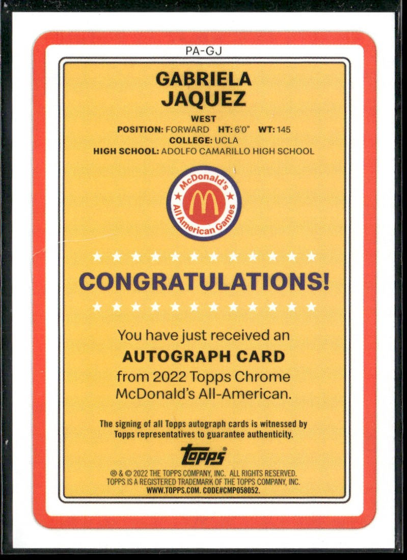 2022 Topps Chrome Mcdonalds All American Gabriela Jaquez Paper Auto #PA-GJ