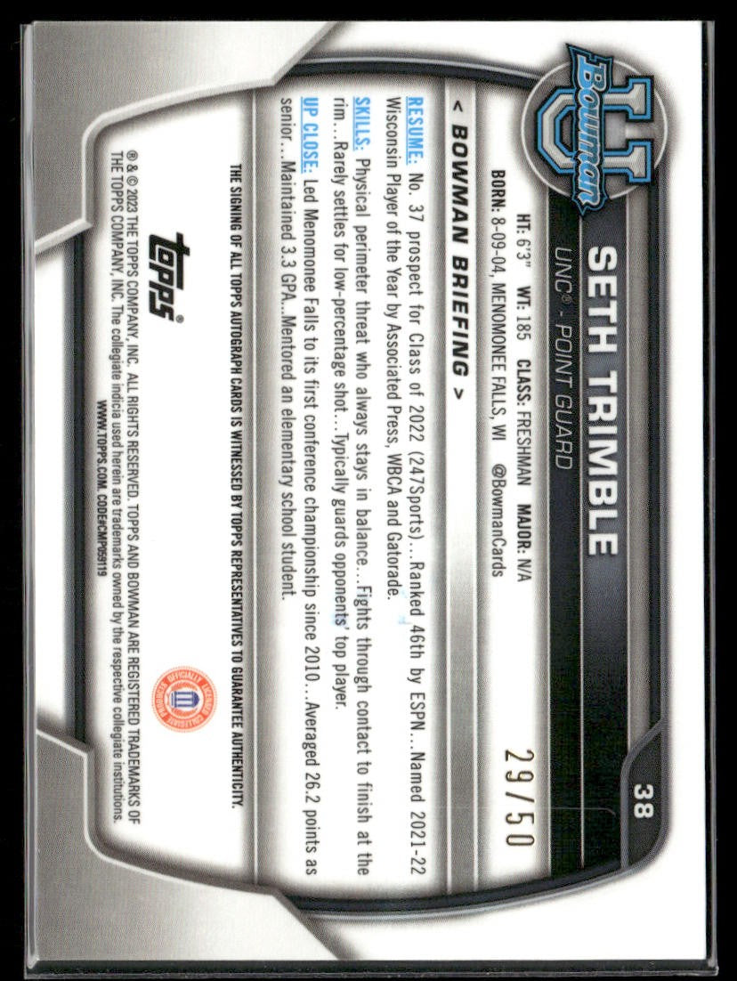 2023 Bowman University Chrome Seth Trimble gold auto /50 #38
