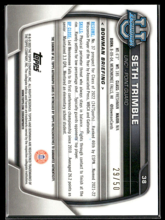 2023 Bowman University Chrome Seth Trimble gold auto /50 #38