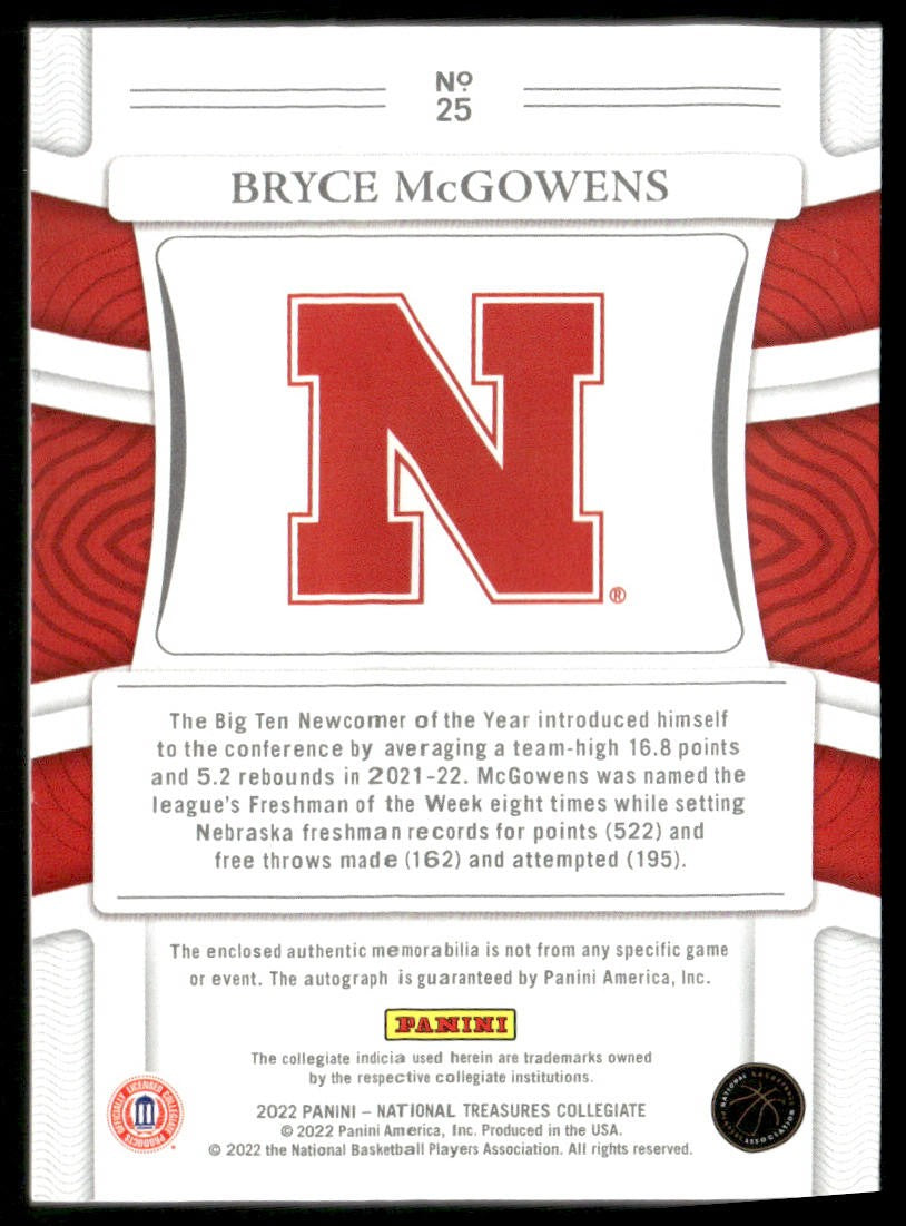 2022 Panini National Treasures Collegiate Bryce Mcgowens RPA /49 #25