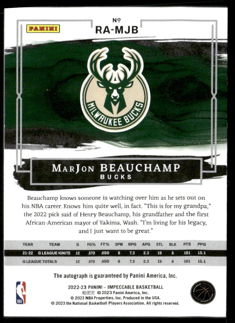 2022-23 Panini Impeccable Marjon Beauchamp auto /99 #RA-MJB