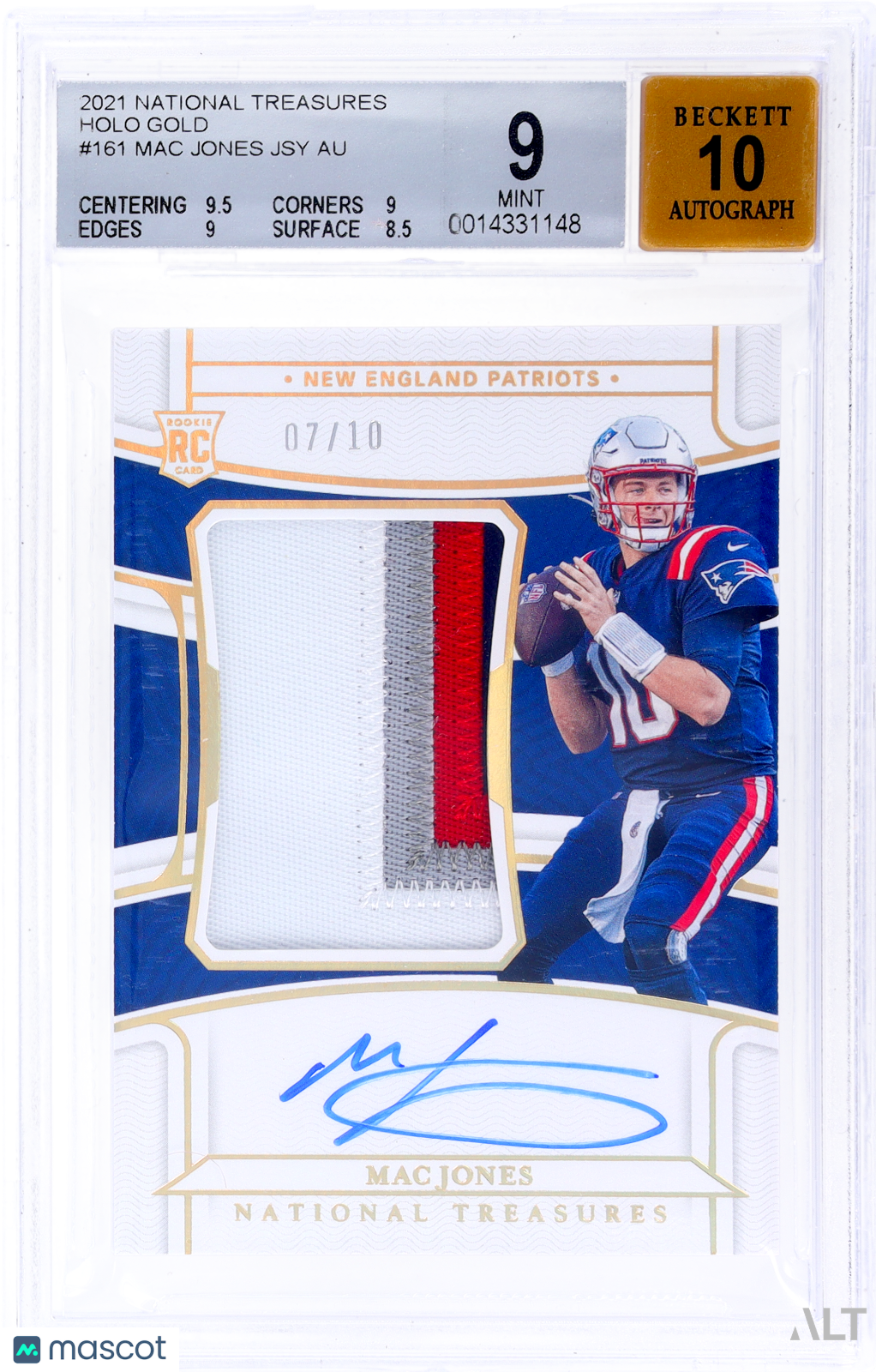 2021 National Treasures Mac Jones #161 Holo Gold Rookie Patch Auto RPA /10 BGS 9