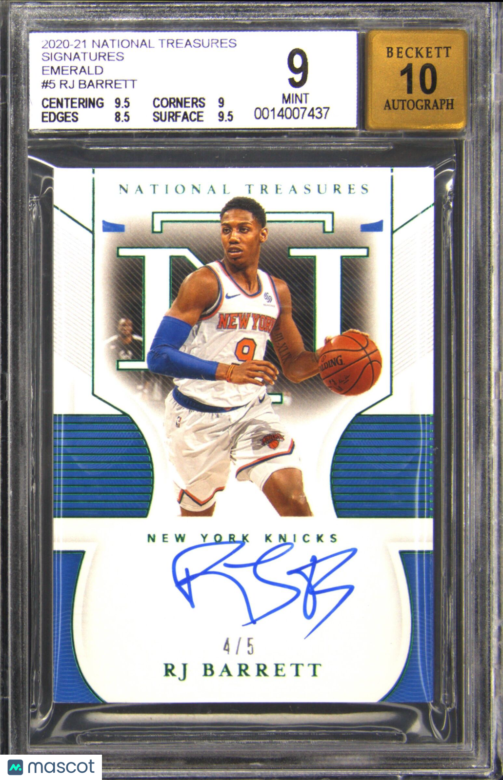 2020-21 National Treasures #5 RJ Barrett Emerald Rookie RC Auto 4/5 BGS BAS 9