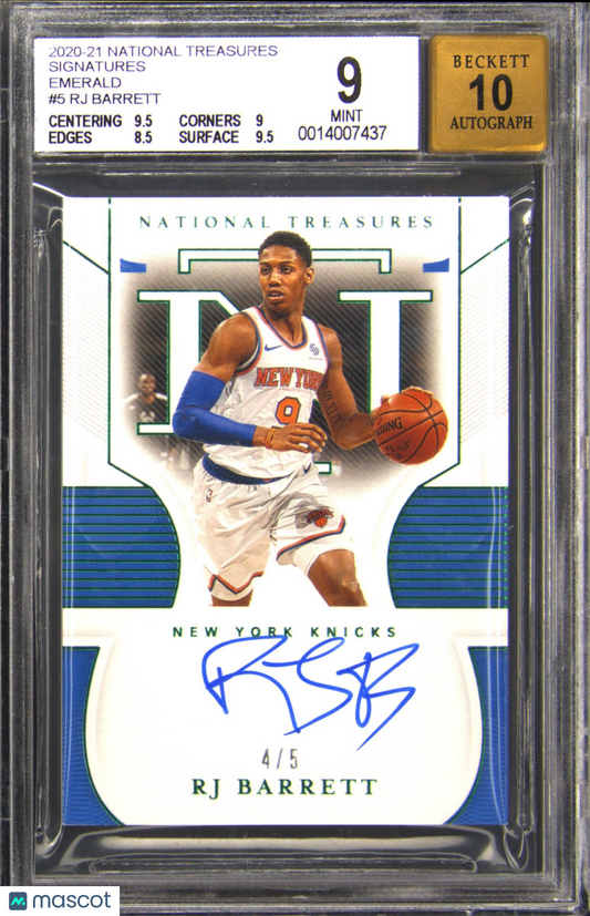 2020-21 National Treasures #5 RJ Barrett Emerald Rookie RC Auto 4/5 BGS BAS 9