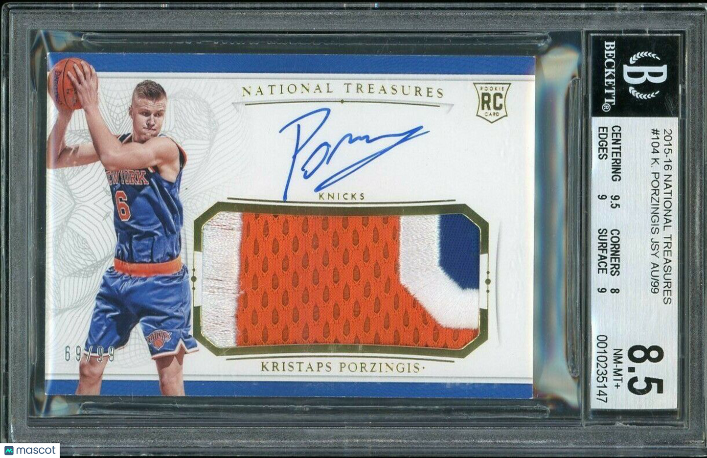 2015 National Treasures Kristaps Porzingis #104 Rookie Patch Auto /99 BGS 8.5 RPA