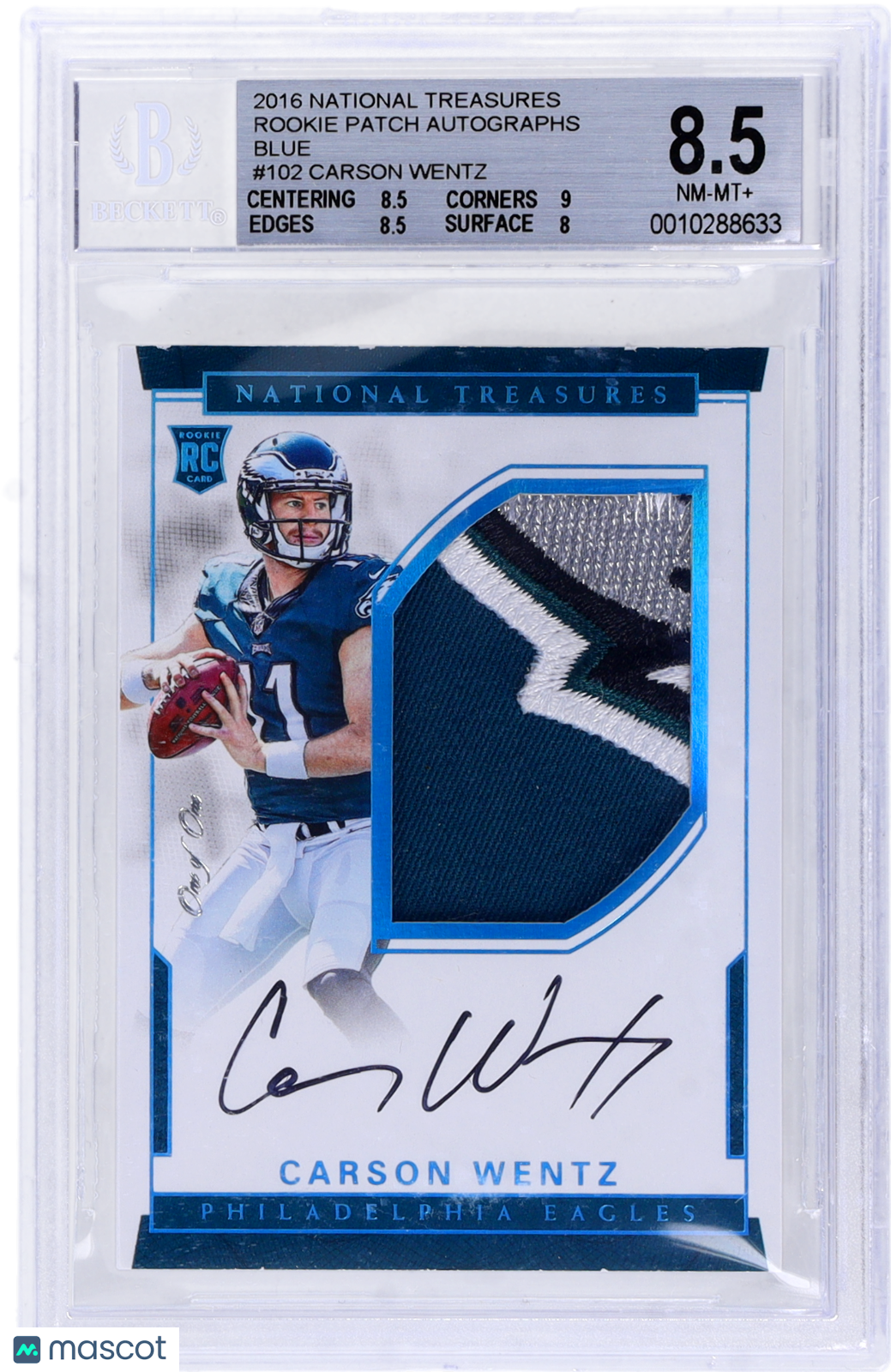 2016 National Treasures Carson Wentz Rookie Patch Auto Blue RPA RC 1/1 BGS 8.5