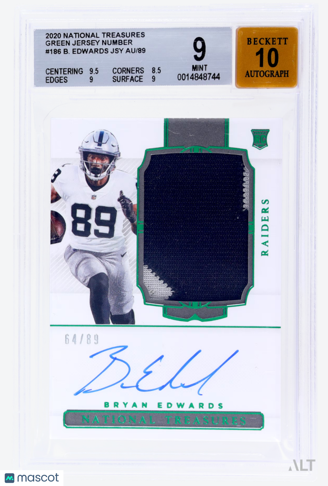 2020 National Treasures Bryan Edwards #186 Green Jersey Number Auto /89 BGS 9