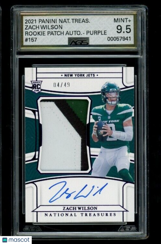 2021 Panini National Treasures Zach Wilson #157 Rookie Patch Auto Purple AGS 9.5