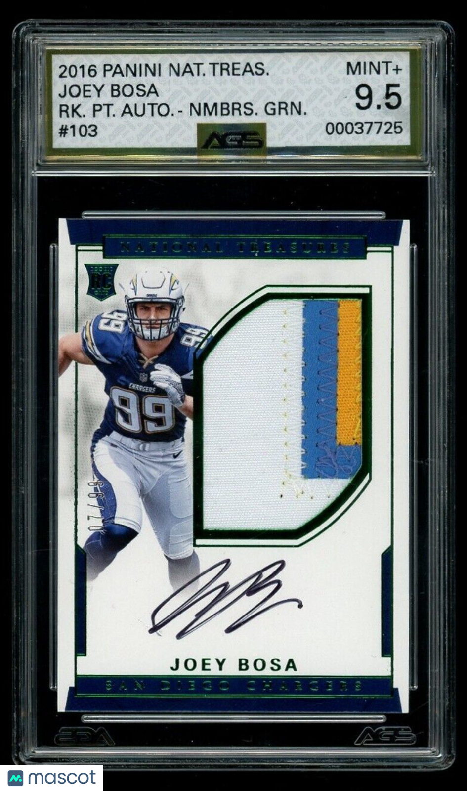 2016 National Treasures Joey Bosa #103 Rookie Patch Auto Numbers Green AGS 9.5