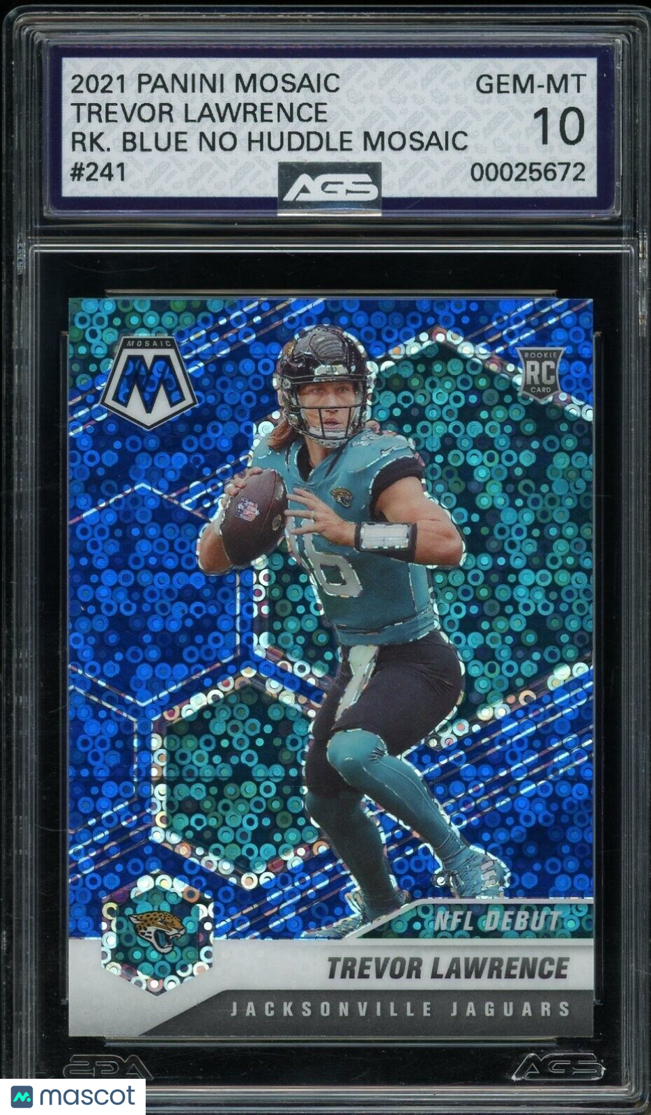2021 Panini Mosiac Trevor Lawrence #241 Rookie Blue No Huddle Mosiac /75 AGS 10