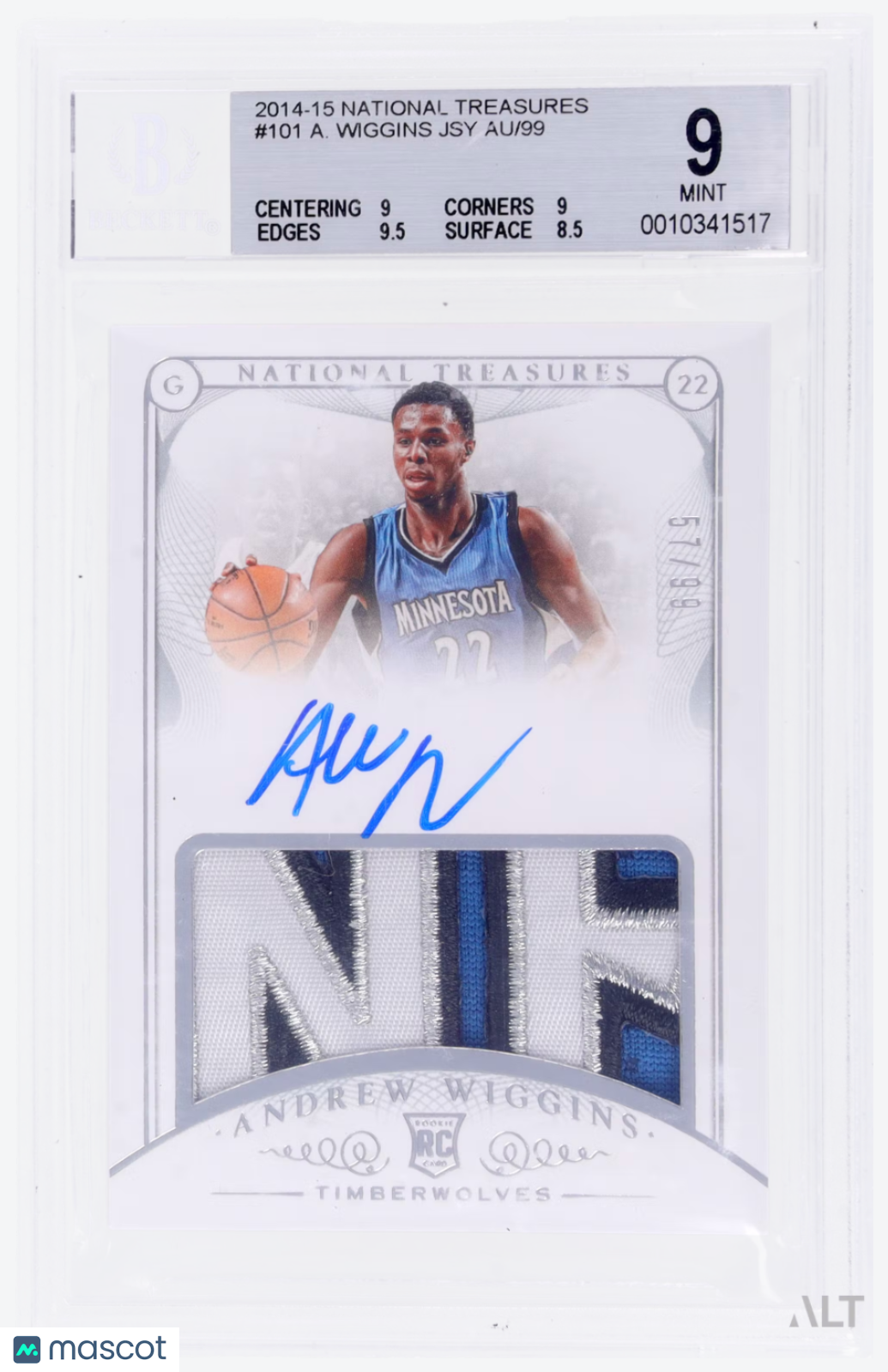 2014 Panini National Treasures Andrew Wiggins #101 Jersey /99 BGS 9 Auto 10