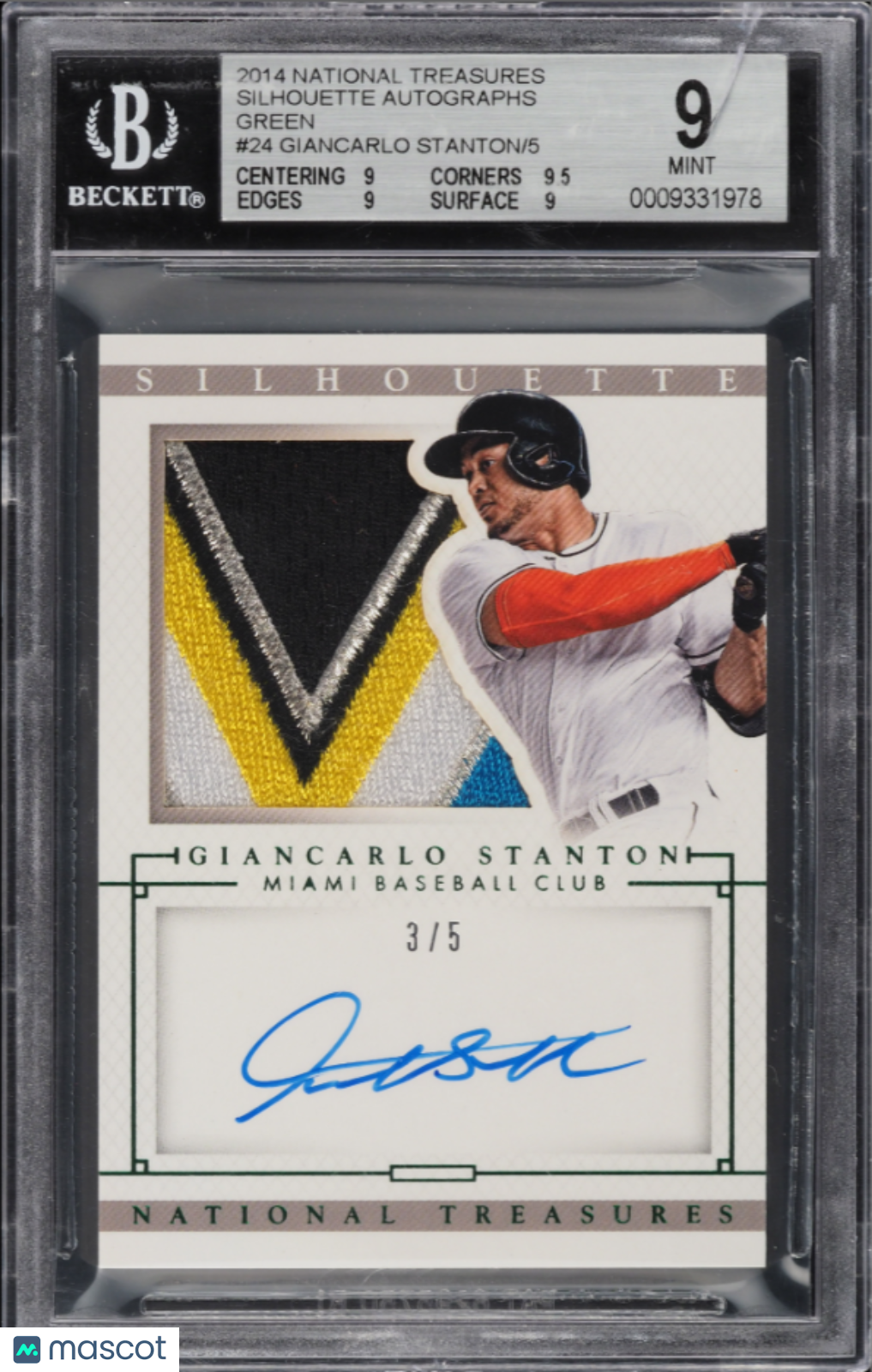 2014 National Treasures Giancarlo Stanton #24 Silhouette Auto Green /5 BGS 9