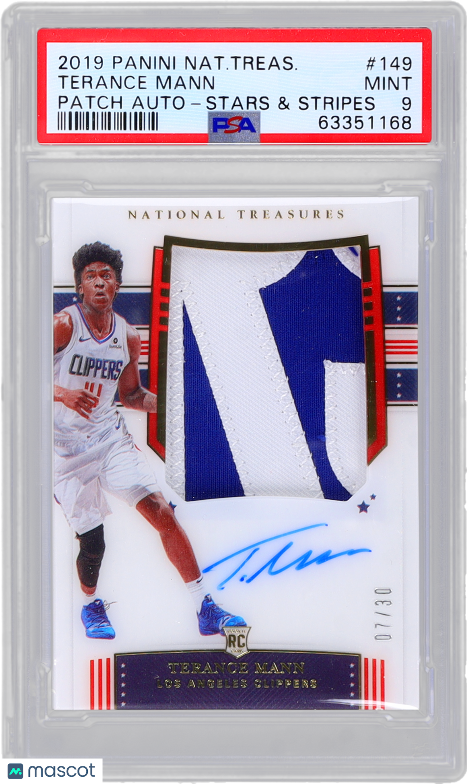 2019 National Treasures Terance Mann #149 Patch Auto Stars & Stripes PSA 9