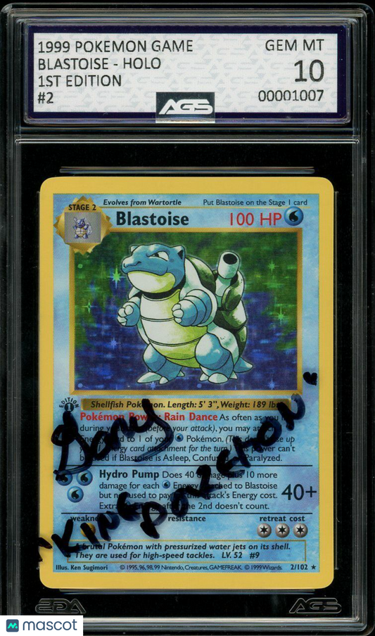 1999 Pokemon Base Set Blastoise #2/102 Signed King Gary 1st Edition AGS 10