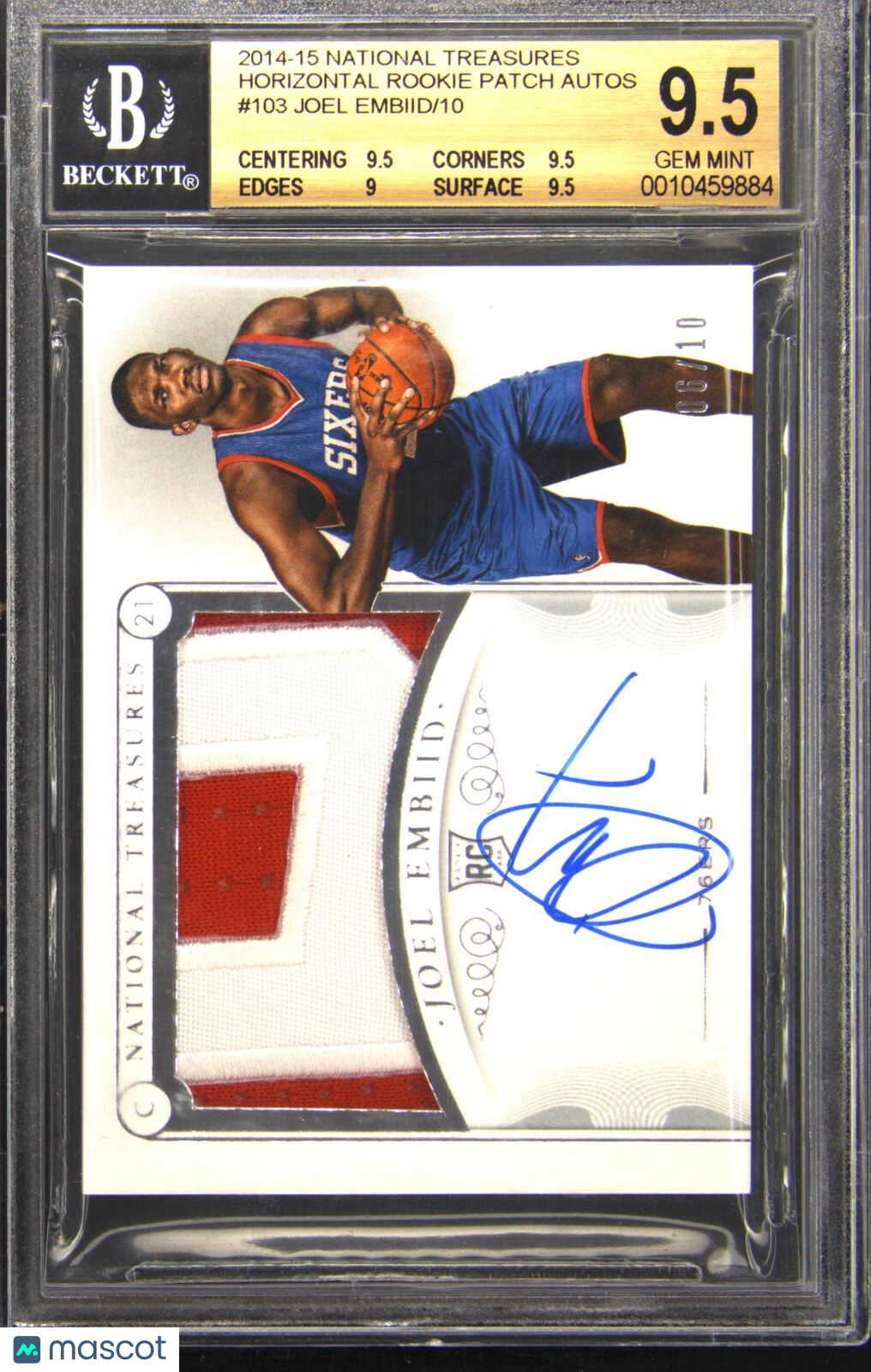 2014-15 National Treasures Rookie Patch Auto #103 Joel Embiid RC /10 BGS BAS 9.5