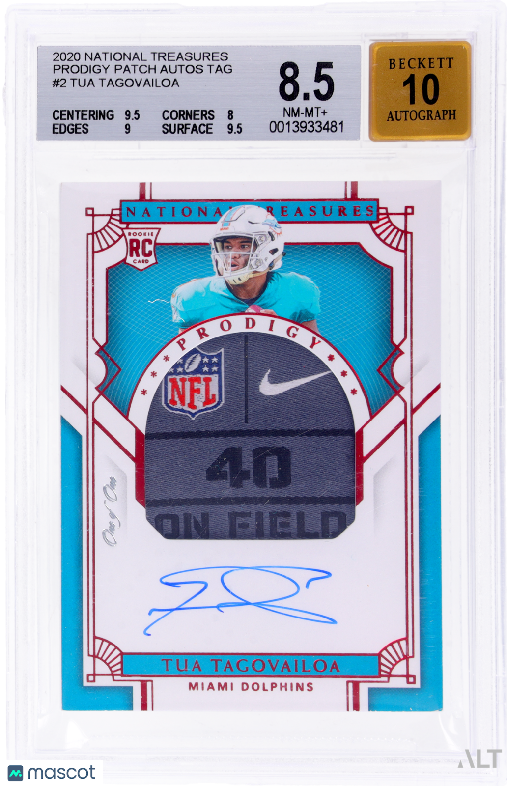 2020 National Treasures Tua Tagovailoa #2 Patch Auto Laundry Tag 1/1 BGS 8.5 RPA RC
