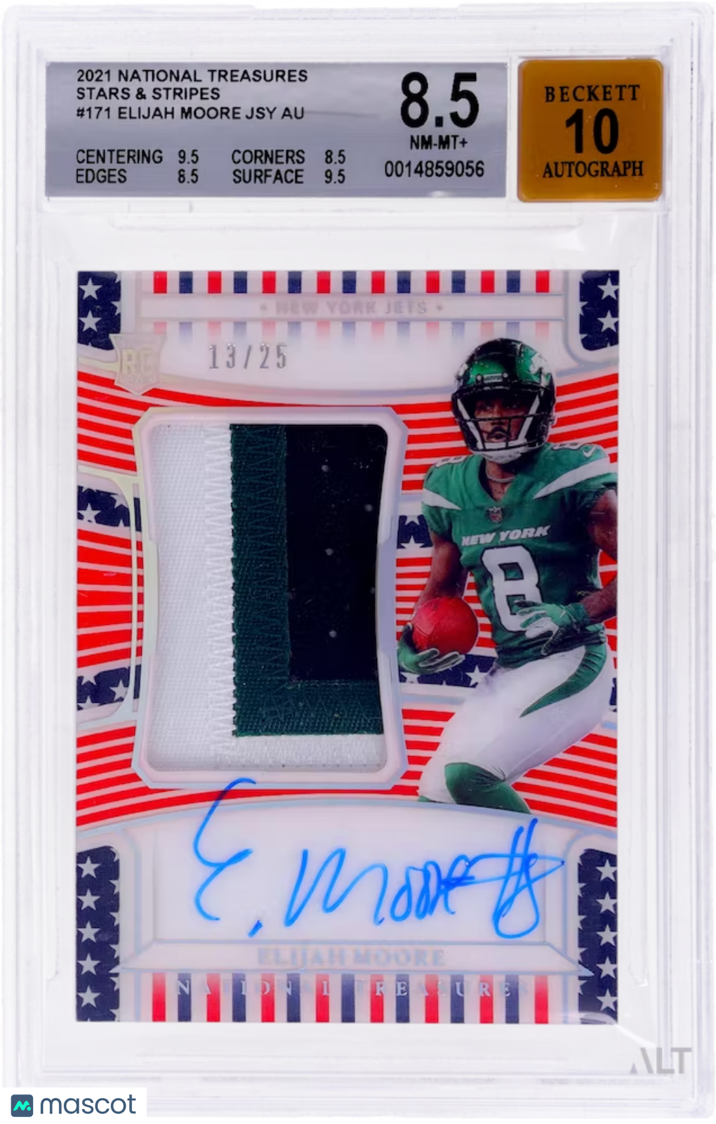 2021 National Treasures Elijah Moore #171 Stars & Stripes Jersey Auto /25 BGS 8.5