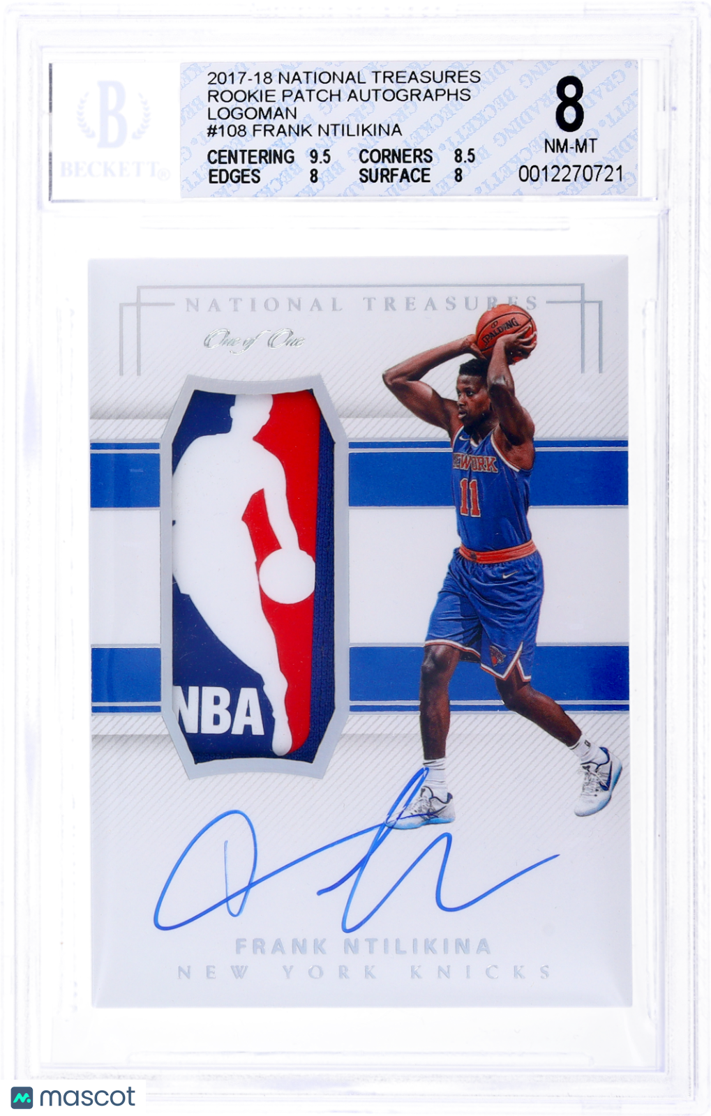 2017-2018 National Treasures Frank Ntilikina Rookie Patch Auto Logoman BGS 8
