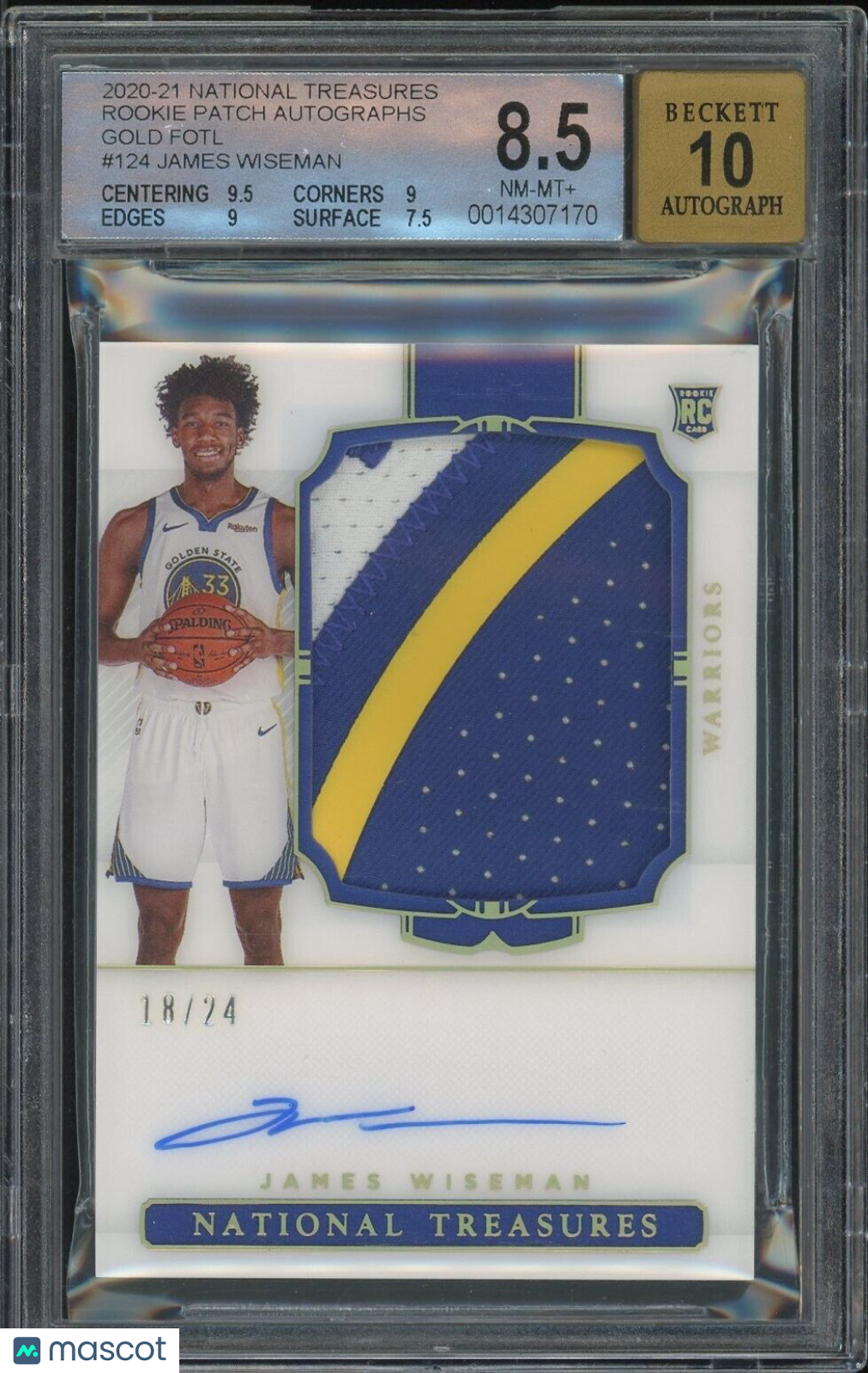 2020 National Treasures James Wiseman #124 Rookie Patch Auto Gold FOTL /24 BGS 8.5