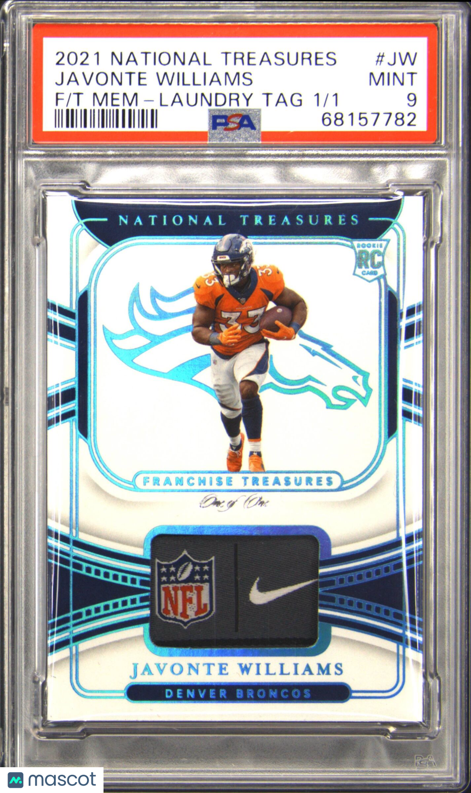 2021 Panini National Treasures #JW Javonte Williams Laundry Tag RC 1/1 PSA 9