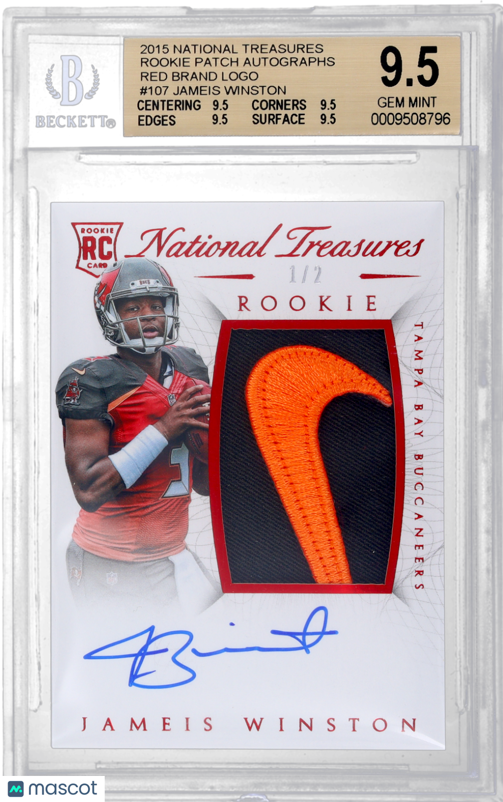 2015 National Treasures Jameis Winston #107 Rookie Patch Auto Red NIKE /2 BGS 9.5
