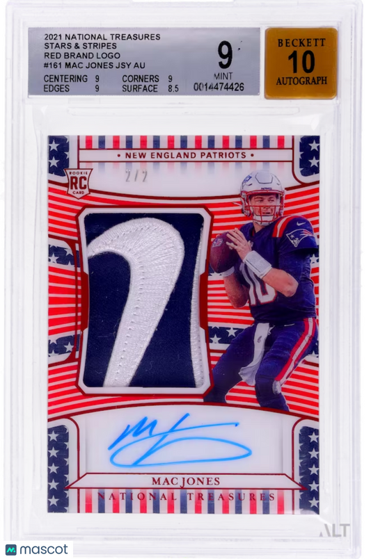2021 National Treasures Mac Jones #161 Red Rookie Auto RPA RC Nike Logo BGS 9