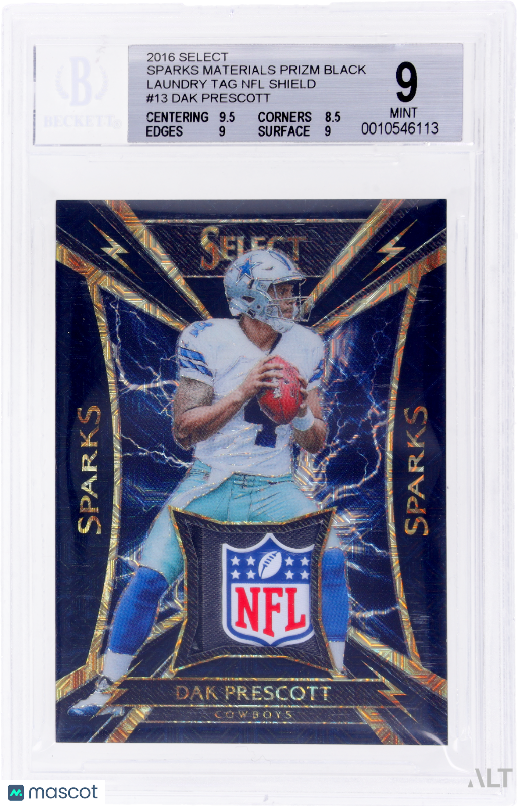 2016 Select Dak Prescott #13 Sparks Prizm Black Laundry Tag NFL Shield BGS 9