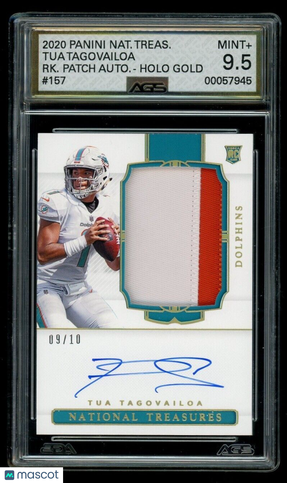 2020 National Treasures Tua Tagovailoa #157 Rookie Patch Auto RPA RC AGS 9.5