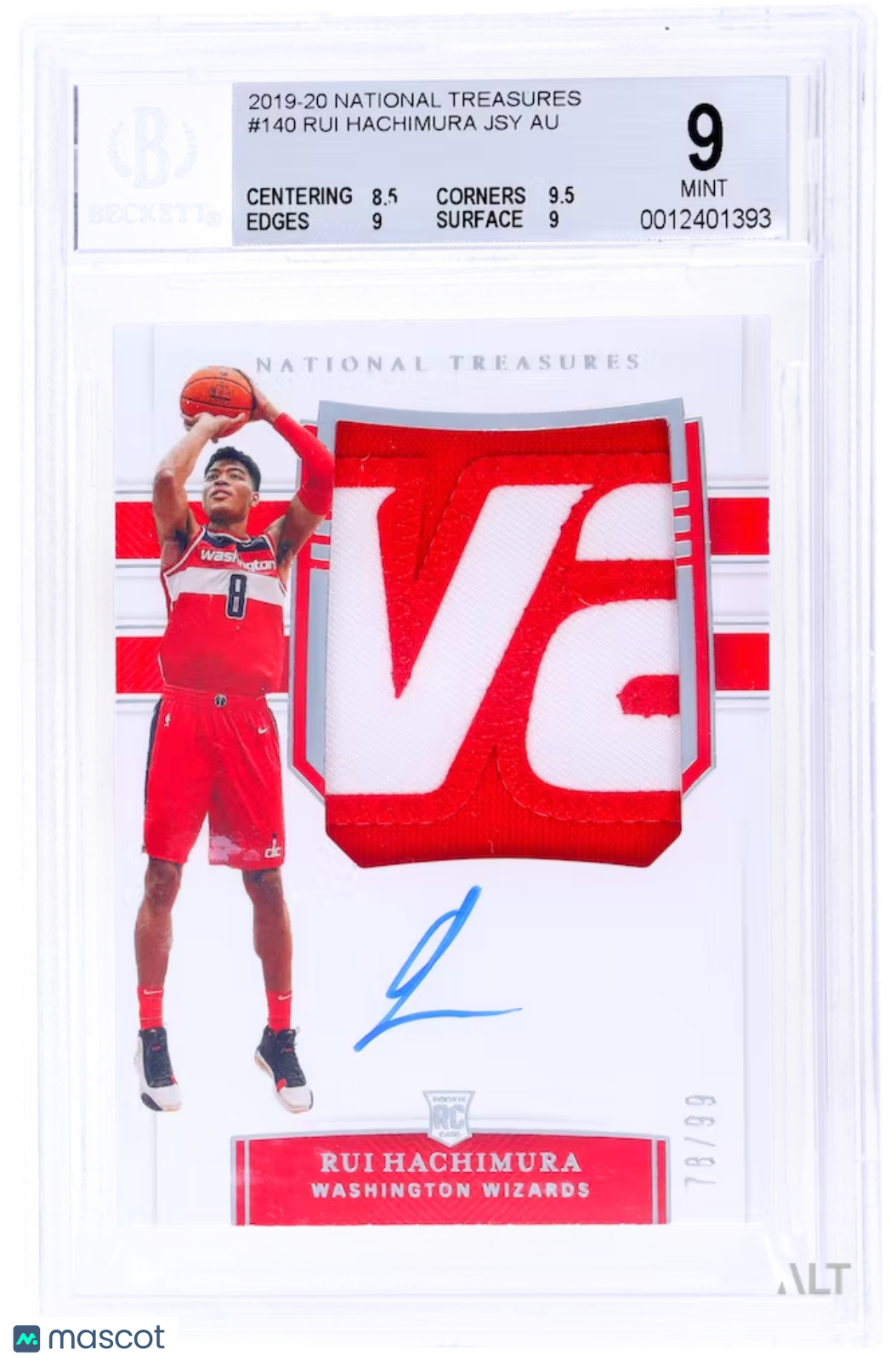 2019 Panini National Treasures Rui Hachimura #140 Jersey Autograph /99 BGS 9 Auto 10