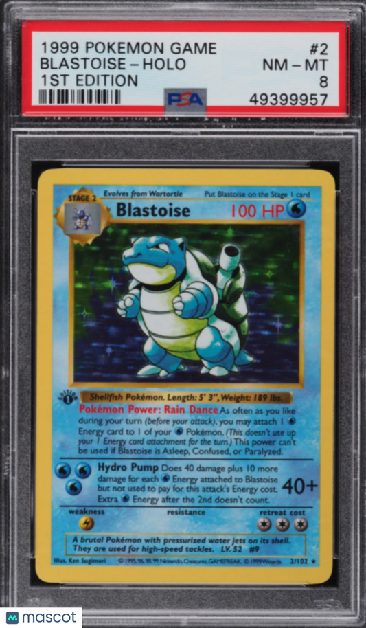 1999 Pokemon Base Set Blastoise #2/102 English 1st Edition Shadowless PSA 8