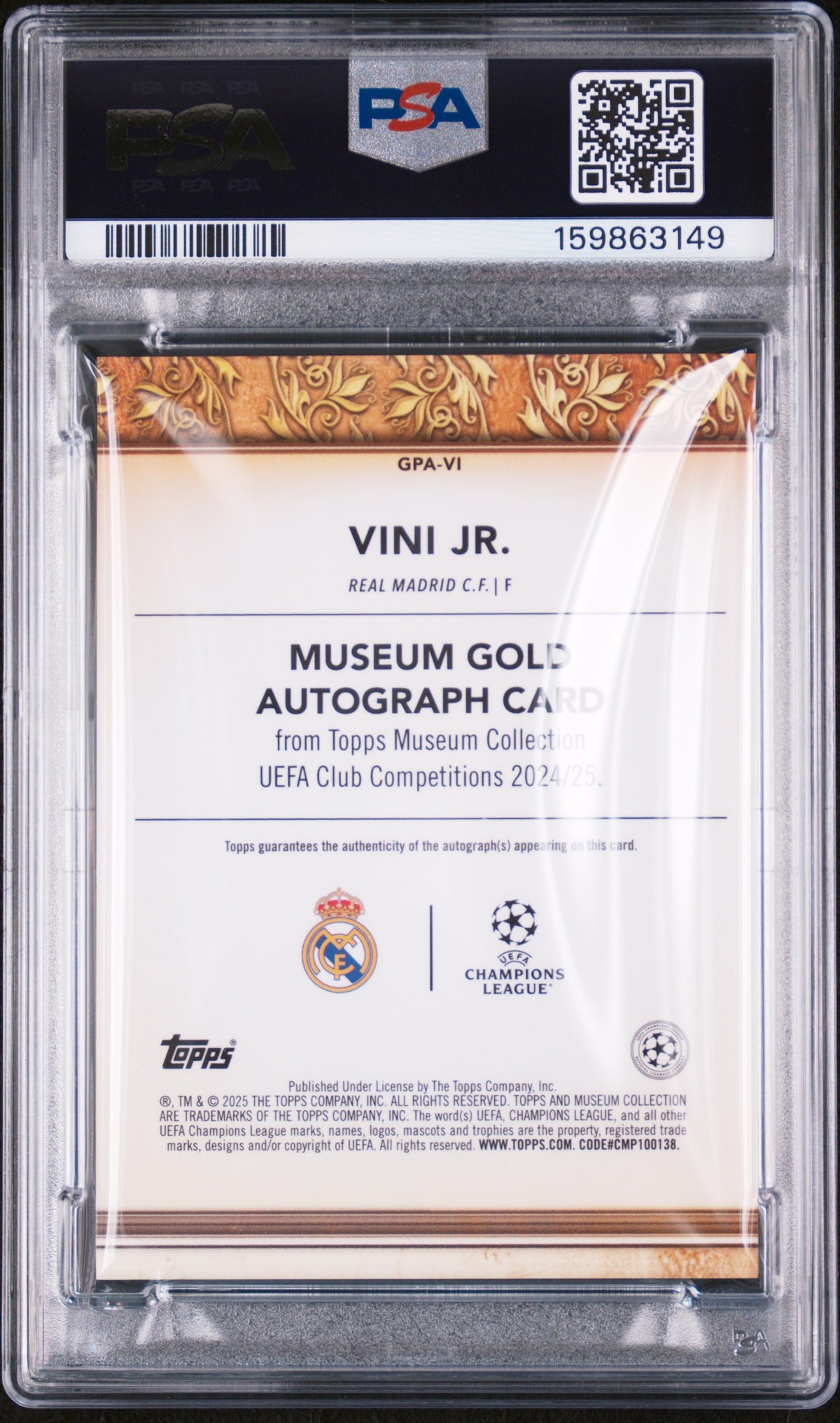 2024 unknown unknown 2025 Topps Museum Collection UEFA Club Competitions Museum Gold Autographs Vini Jr. VI English PSA 10