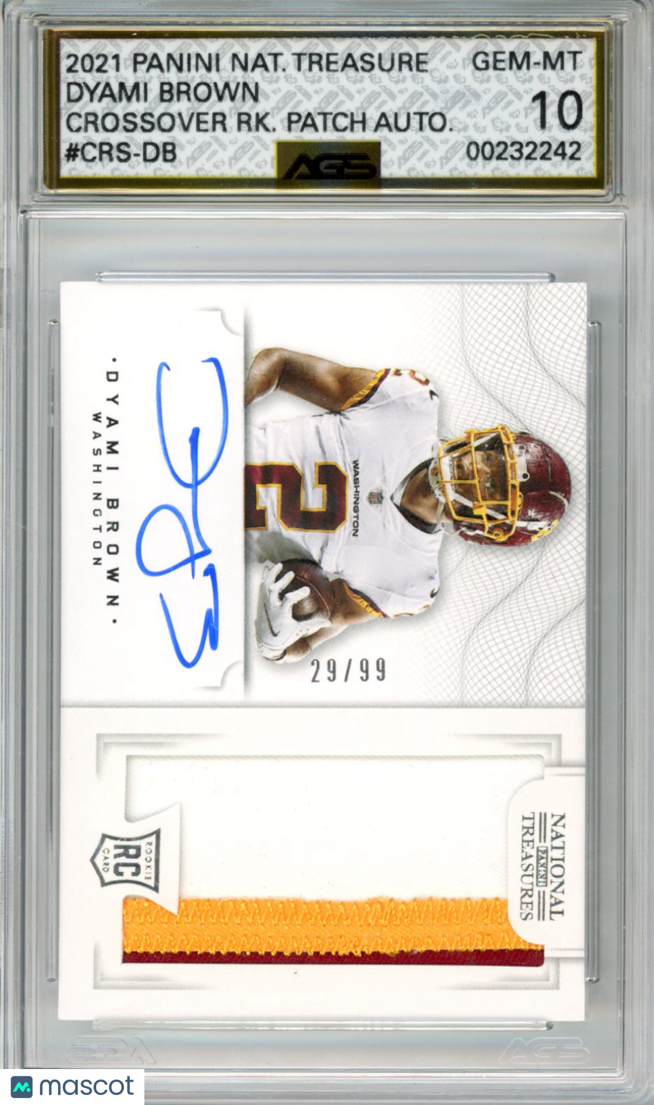 2022 Football 2021 Panini National Treasures Dyami Brown #CRS-DB /99 AGS 10