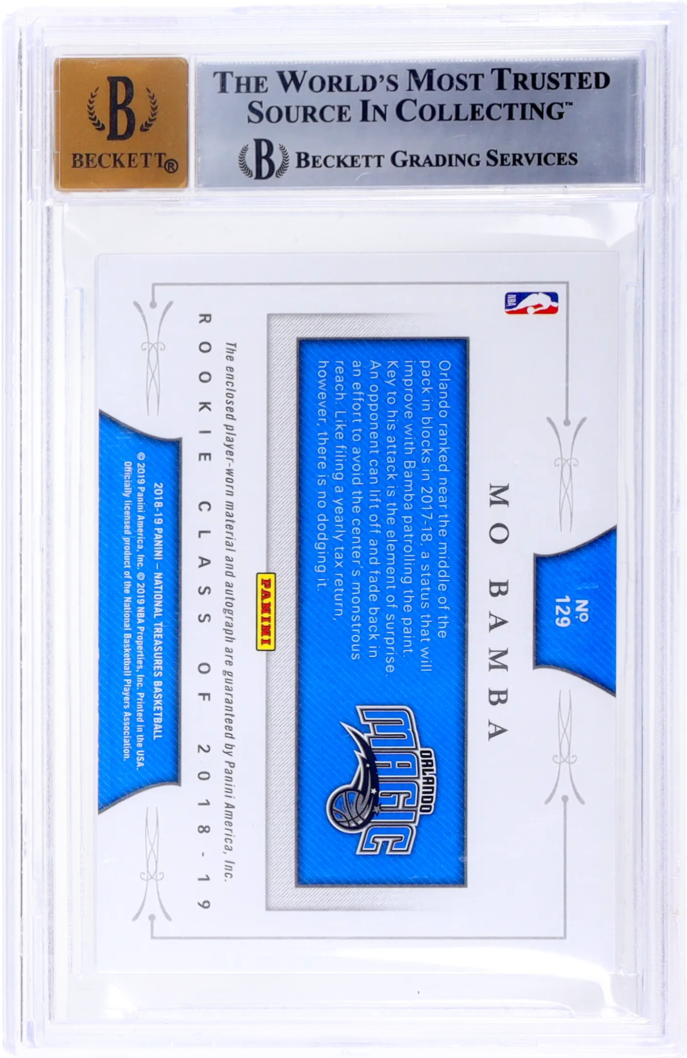 2018 National Treasures Mo Bamba #129 Rookie Patch Auto Logoman BGS 8.5 RPA RC 1/1
