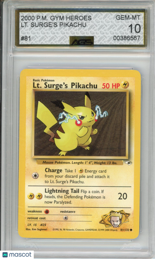 2000 Pokemon Gym Heroes Lt. Surge's Pikachu #081 AGS 10
