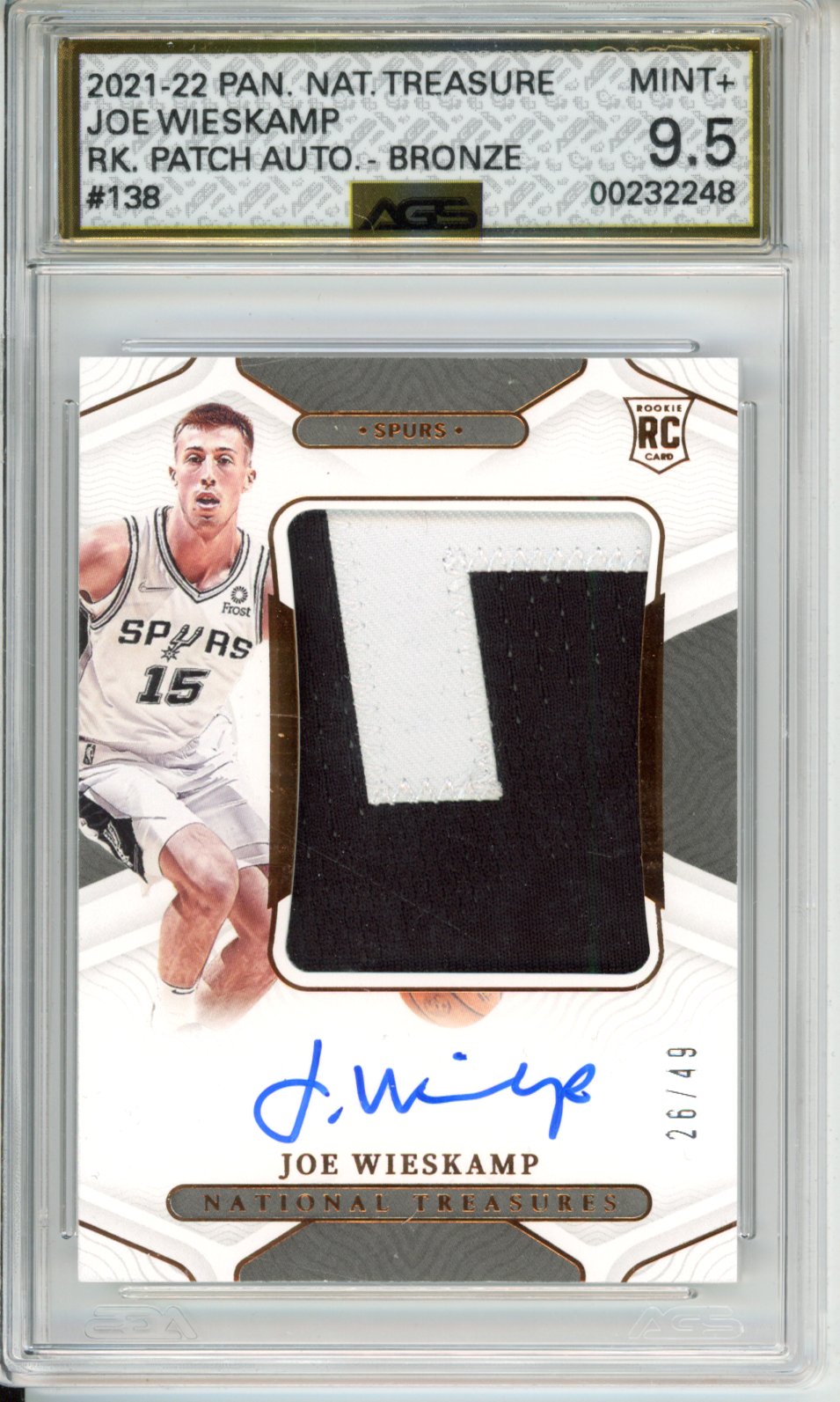 Panini 2021-22 National Treasures Joe Wieskamp #138 Patch Autographs Bronze - San Antonio Spurs English RC AGS 9.5