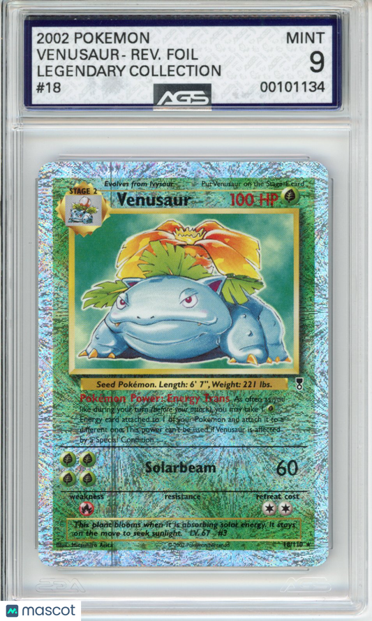 2002 Pokemon Legendary Collection Venusaur #018 Reverse Holo AGS 9