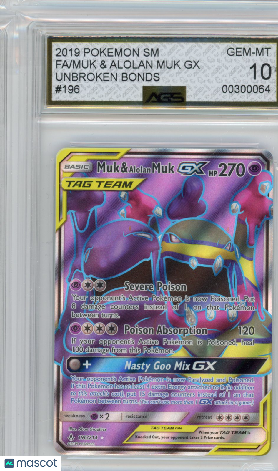 2019 Pokemon Unbroken Bonds Muk & Alolan Muk GX #196 AGS 10