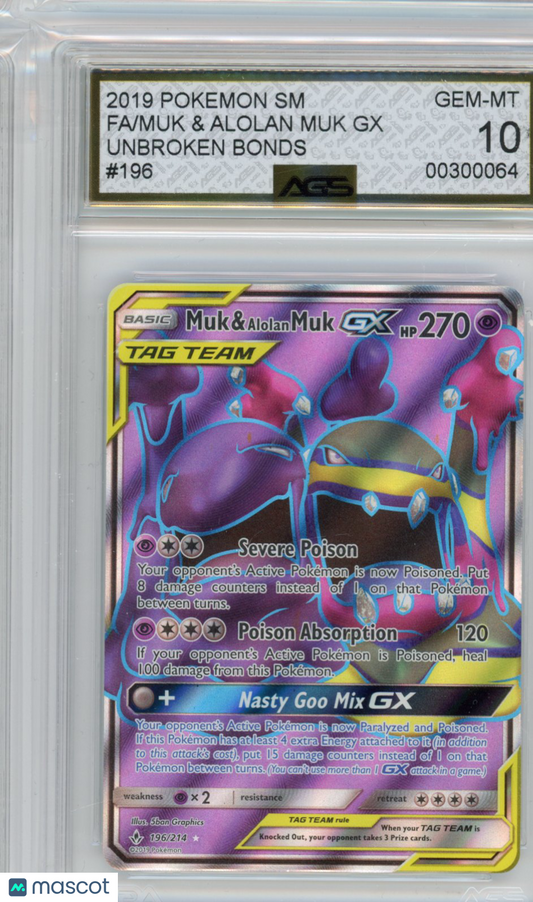 2019 Pokemon Unbroken Bonds Muk & Alolan Muk GX #196 AGS 10