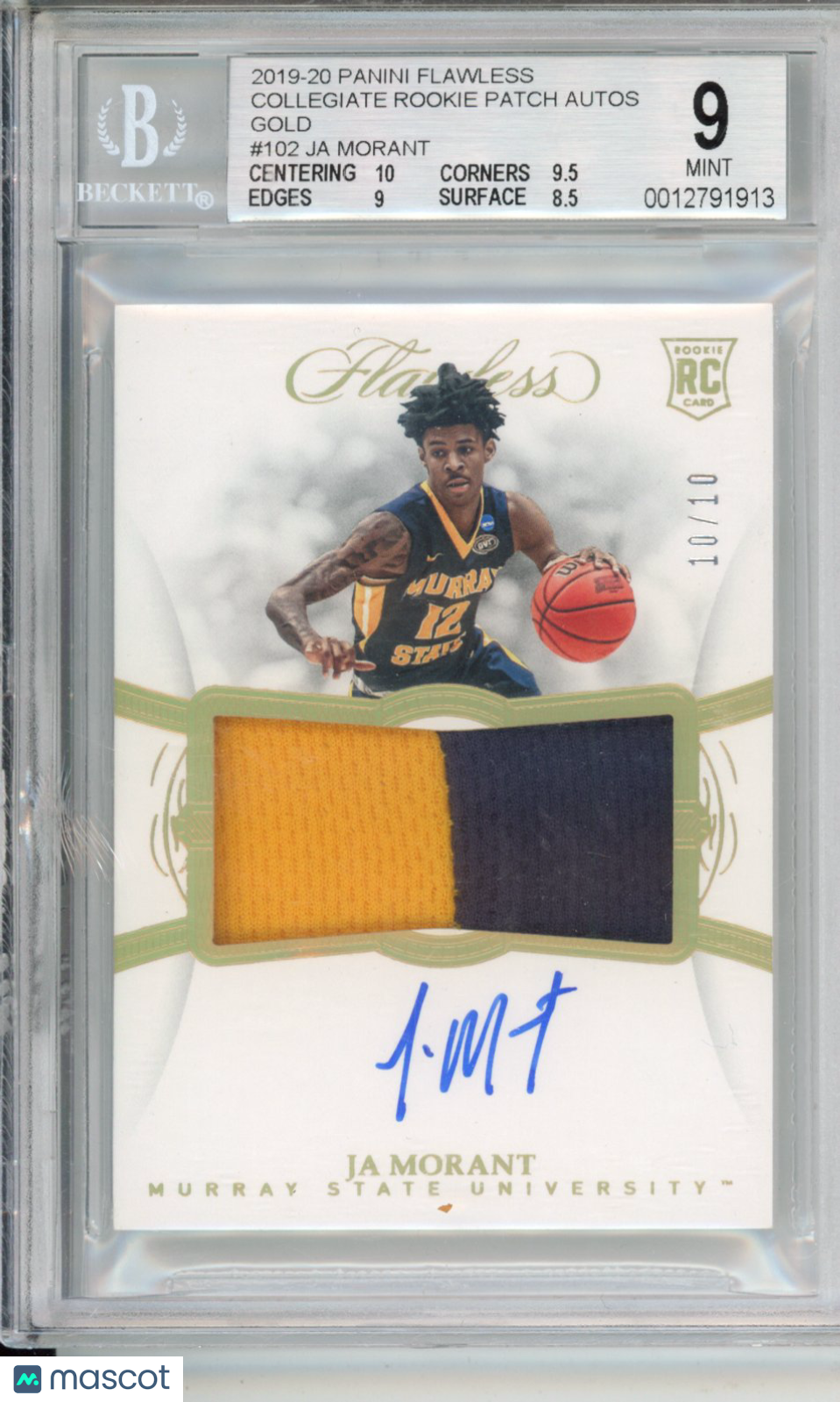 2019 Panini Flawless Collegiate RPA Gold Ja Morant #102 BGS 9 Auto 10