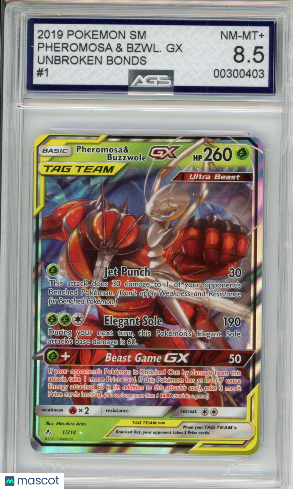 2019 Pokemon Unbroken Bonds Pheromosa & Buzzwole GX #001 AGS 8.5