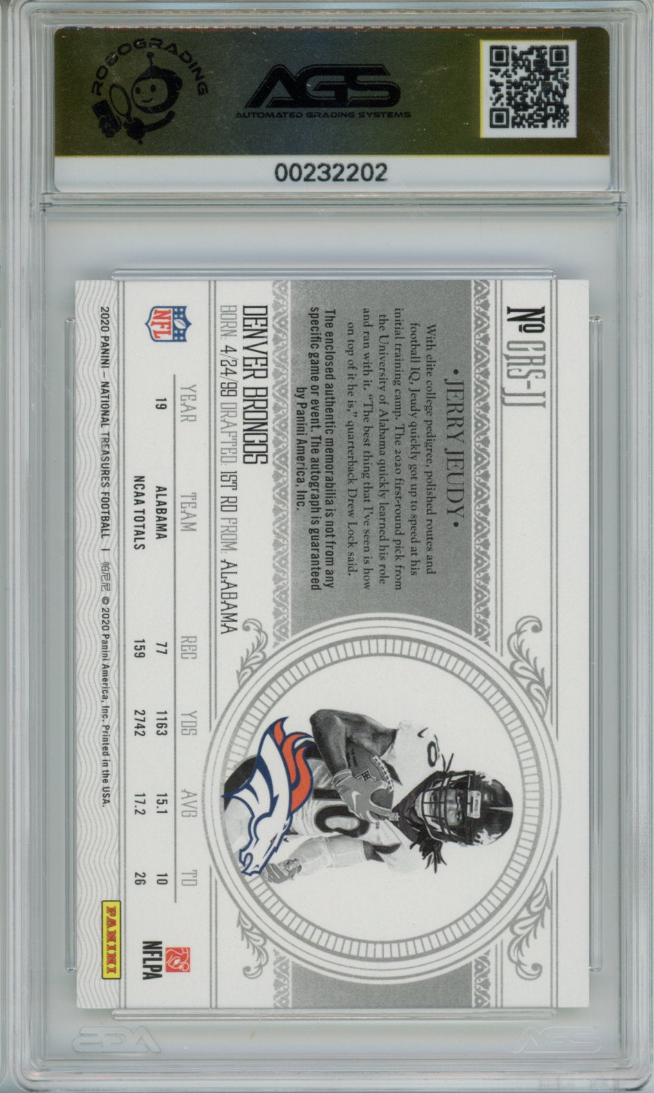 2021 Football 2020 Panini National Treasures Jerry Jeudy #CRS-JJ /99 AGS 10