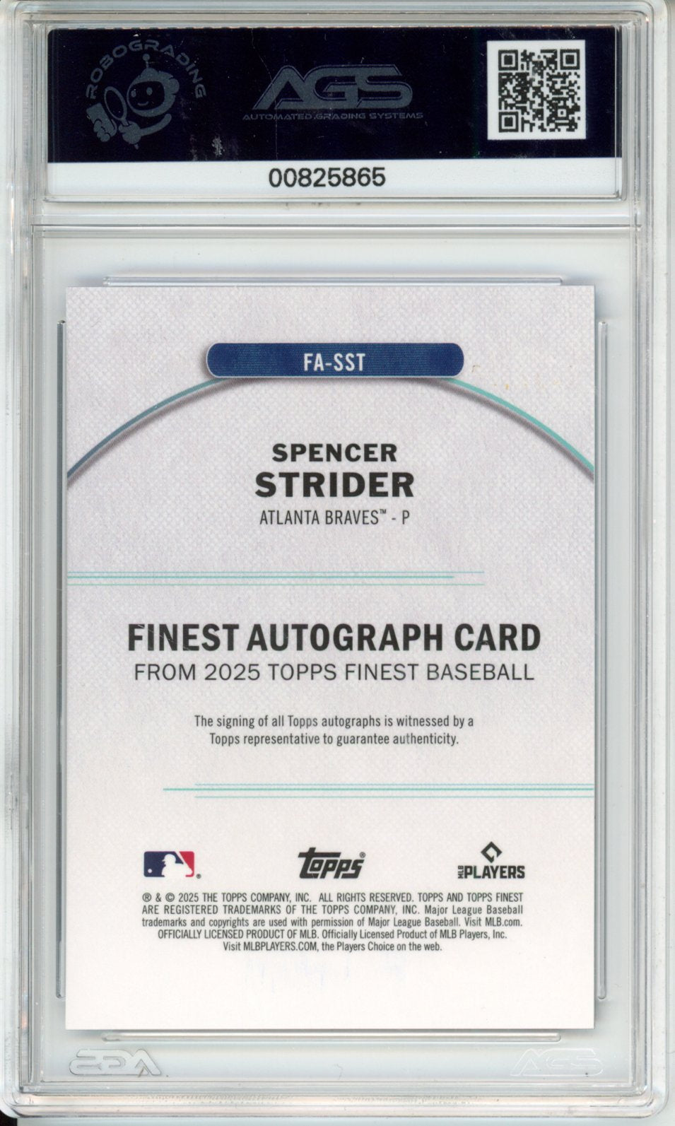 2025 topps finest spencer strider #FA-SST finest auto sky blue refractor AGS 9