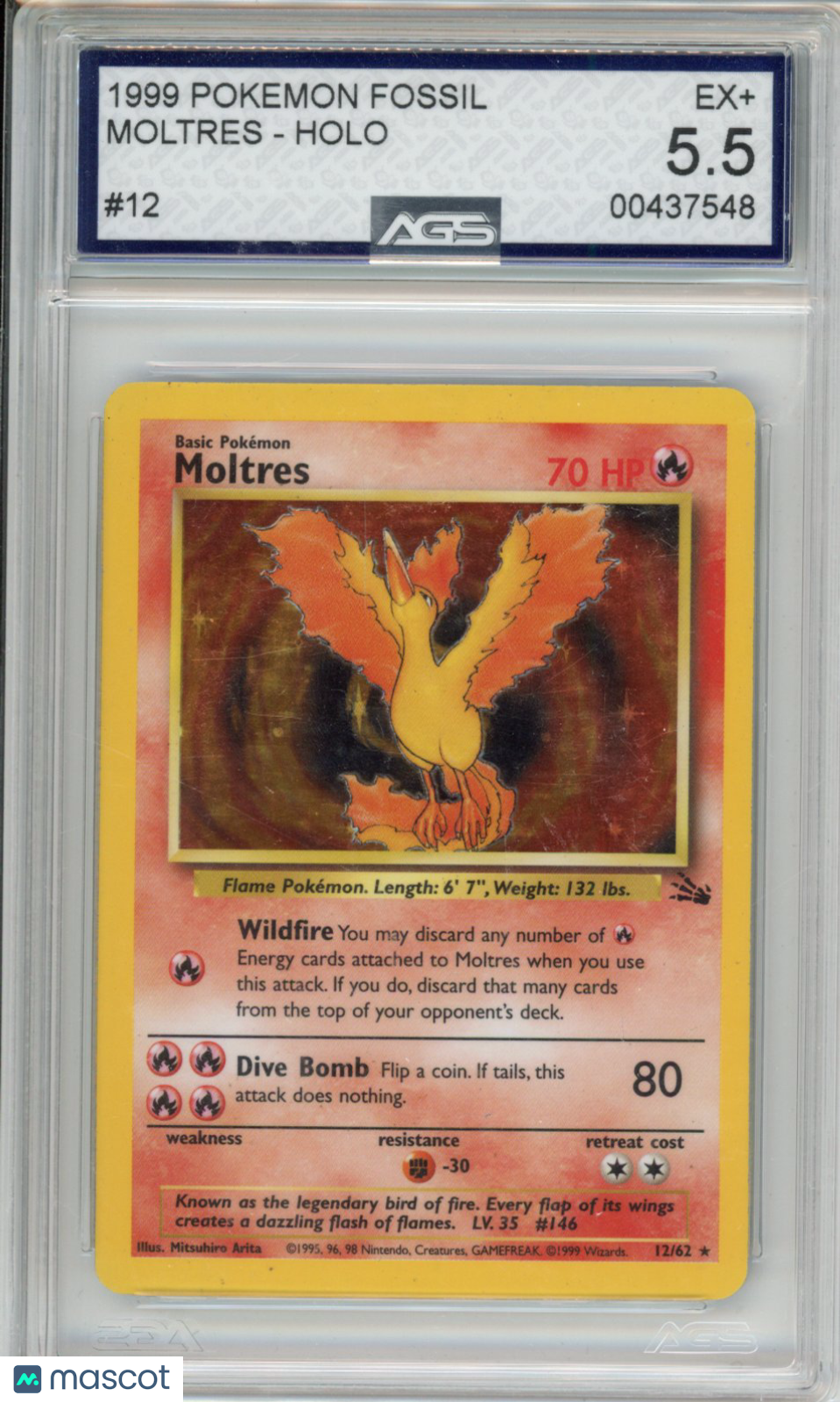 1999 Pokemon Fossil Moltres #012 Unlimited AGS 5.5