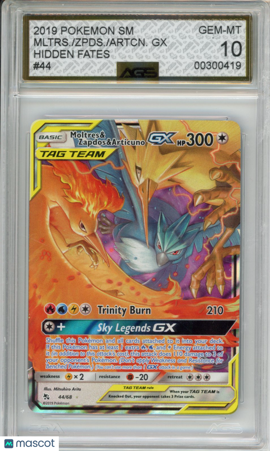2019 Pokemon Hidden Fates Moltres & Zapdos & Articuno GX #044 AGS 10