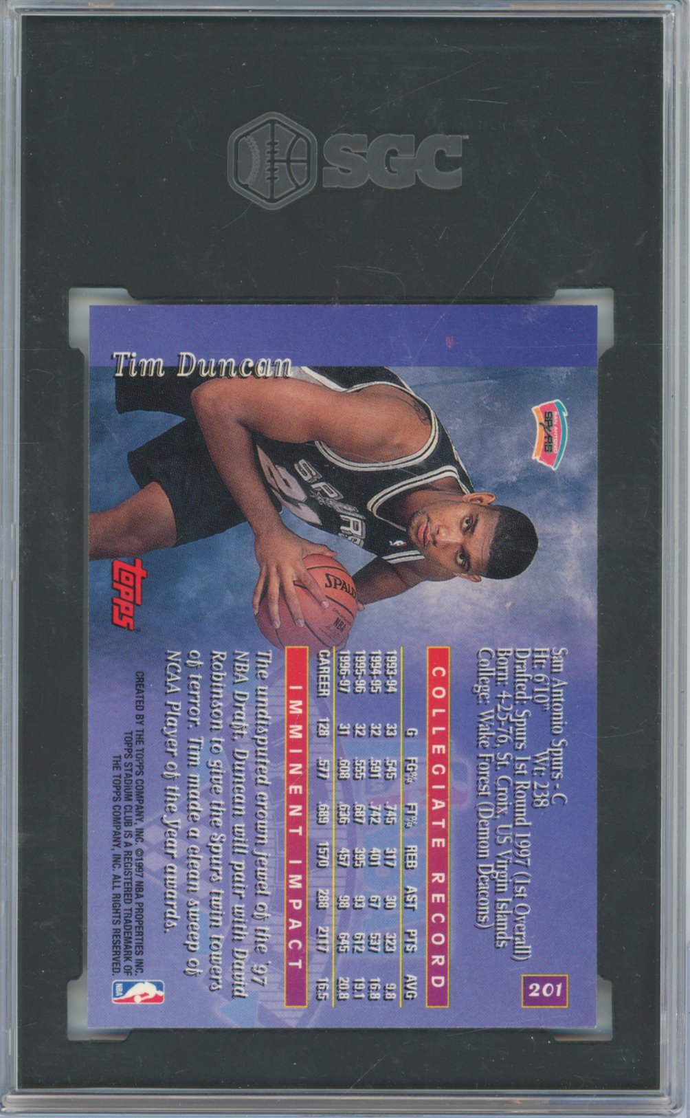 1997 Topps Topps Tim Duncan Topps Stadium Club Basketball #201 Base SGC 9