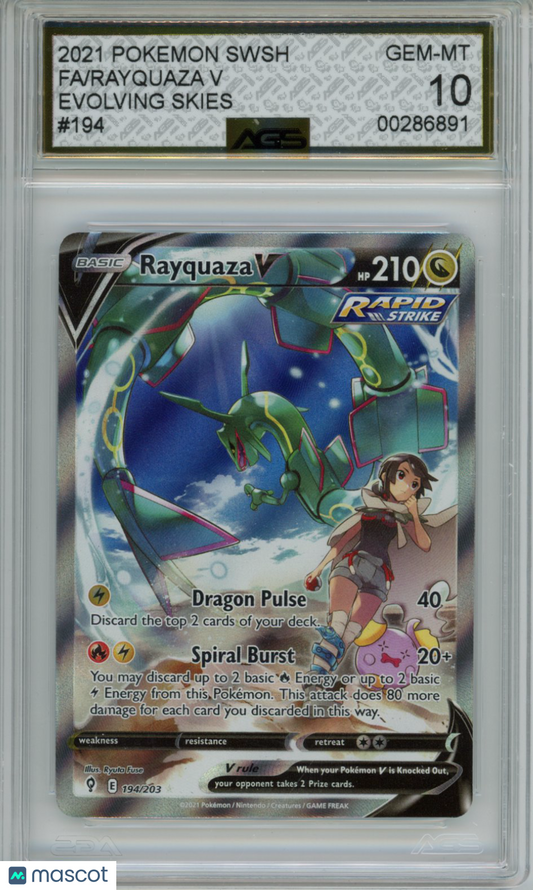 2021 Pokemon Evolving Skies Rayquaza V #194/203 Unlimited AGS 10