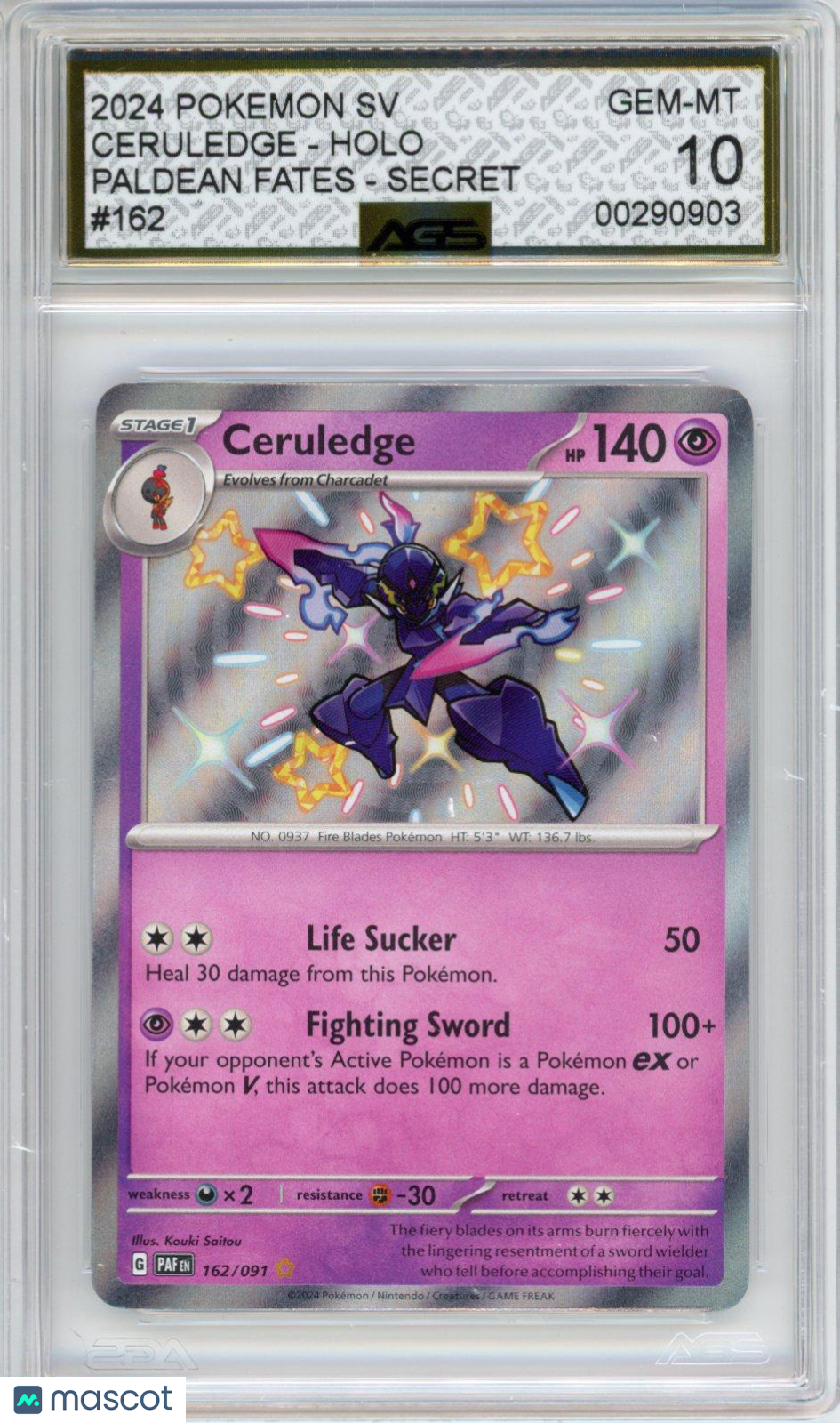 2024 Pokemon Paldean Fates Ceruledge #162 AGS 10