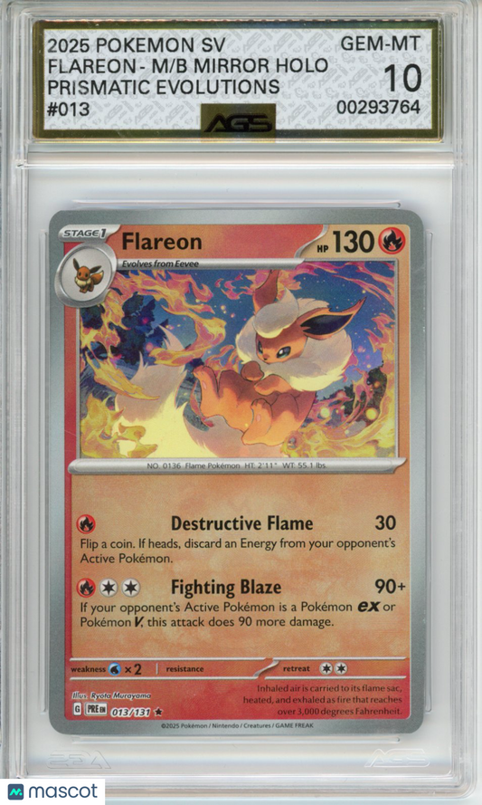 2025 Pokemon Prismatic Evolutions Flareon #013 Master ball Holo AGS 10