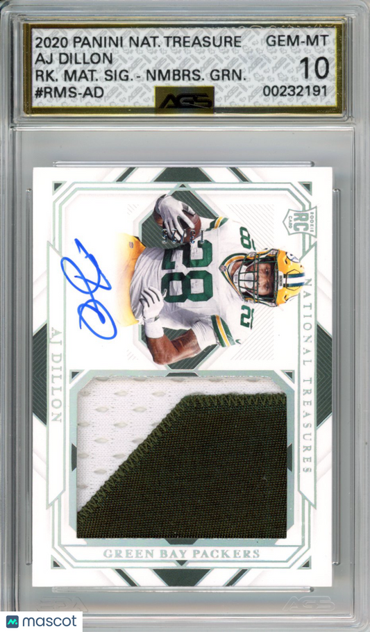 2021 Panini National Treasures AJ Dillon #RMS-AD Rookie Materials Auto Numbers Green AGS 10