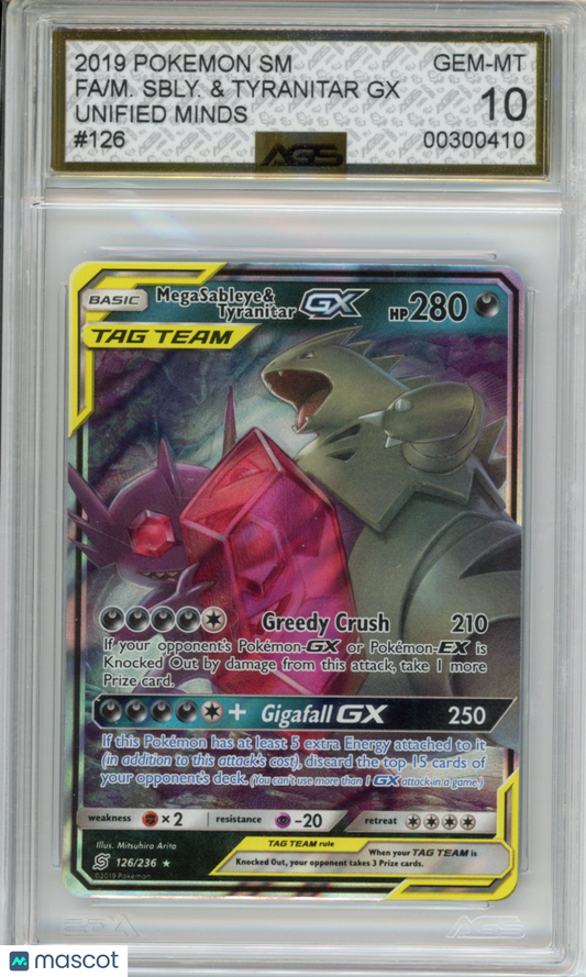 2019 Pokemon Unified Minds Mega Sableye & Tyranitar GX #126 AGS 10